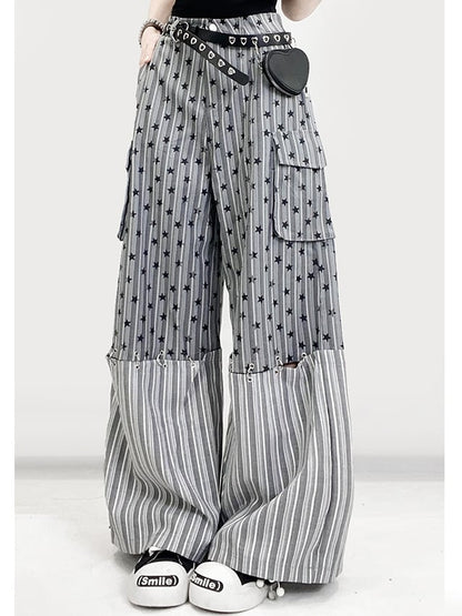 グラマラスカットのワイドレッグビタースイートグレー柄ストライプスターと