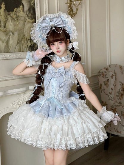 Blue Ballet Style Lace Ruffle Lolita JSK Dress with Bead Chain Bow and Back Bow Set - White Sugar Girl