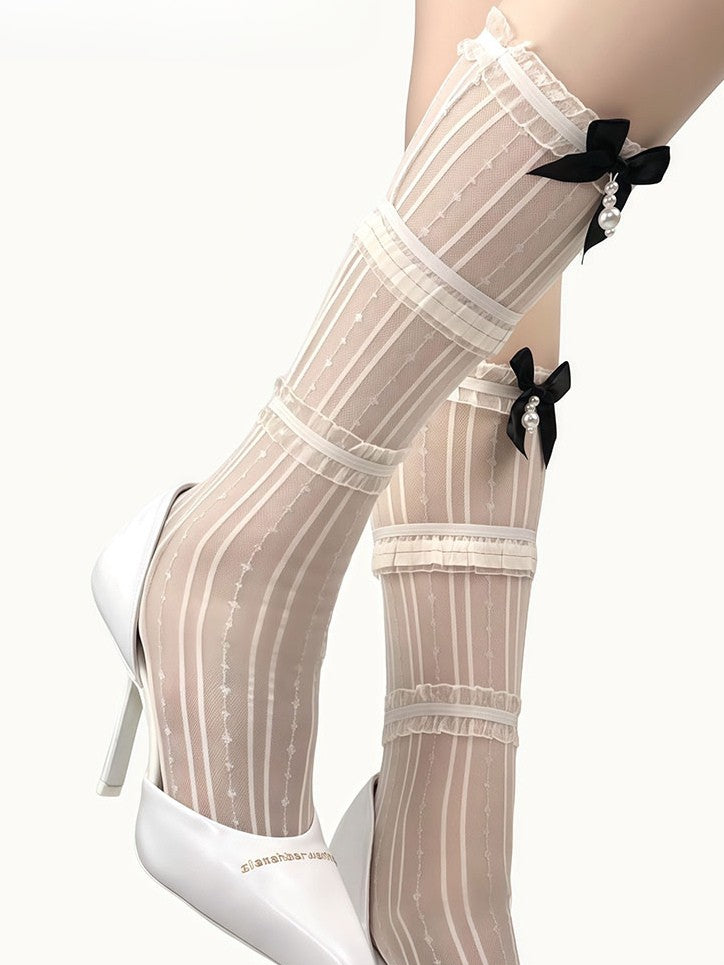 Lace Charm White/Beige/Gray/Black Bowknot Under-Knee Trim Beaded Stockings Decorated