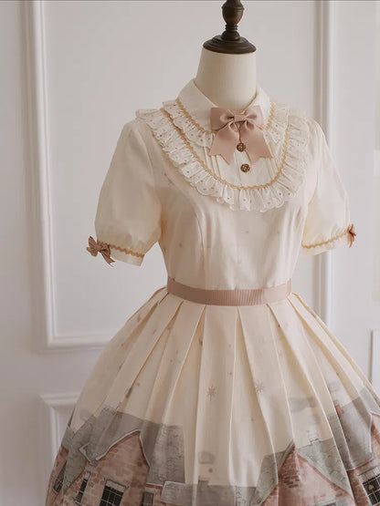 Lolita Dress Sleeves Print and Starry Beige Short Night Bakery