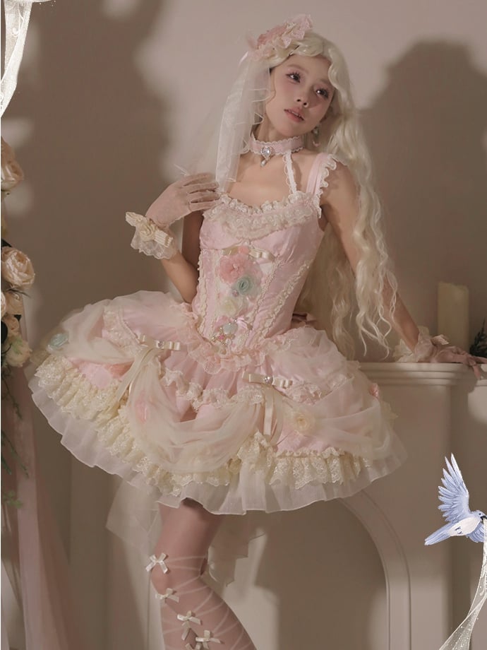 Entbeint Vollkorsett Hanayome Rosa Kleid JSK Floral Taille Prinzessin Lolita Set Fee