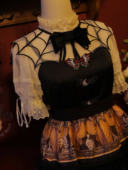 Spider Web Embroidery Brooch Organza and Butterfly Moth Fake Collar Detachable with Black White