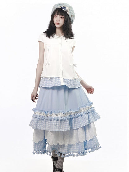Blue Gingham Long Skirt with Lace and Tassels - PINK SAVIOR