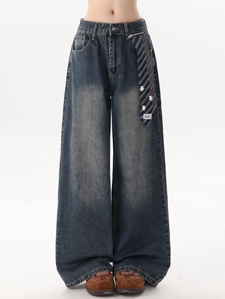 Dark Blue Faded Wash Wide-Leg Jeans with Detachable Blue Necktie Accent