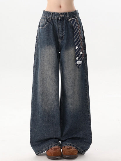 Dark Blue Faded Wash Wide-Leg Jeans with Detachable Blue Necktie Accent
