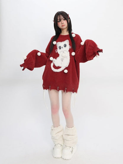 Daily Embellishments Neck Round Kawaii with Red Sweater Pom-pom