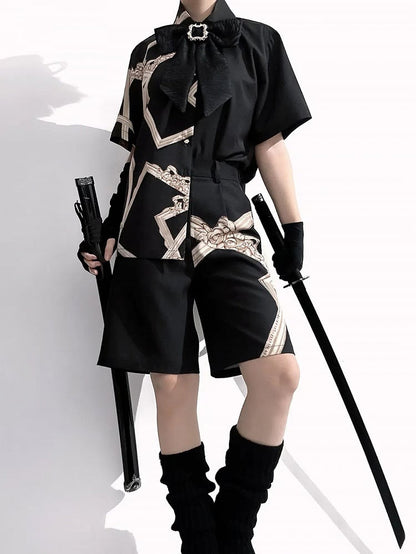 Asymmetrical Shorts Straight-leg Ouji Black Cut Print Lolita