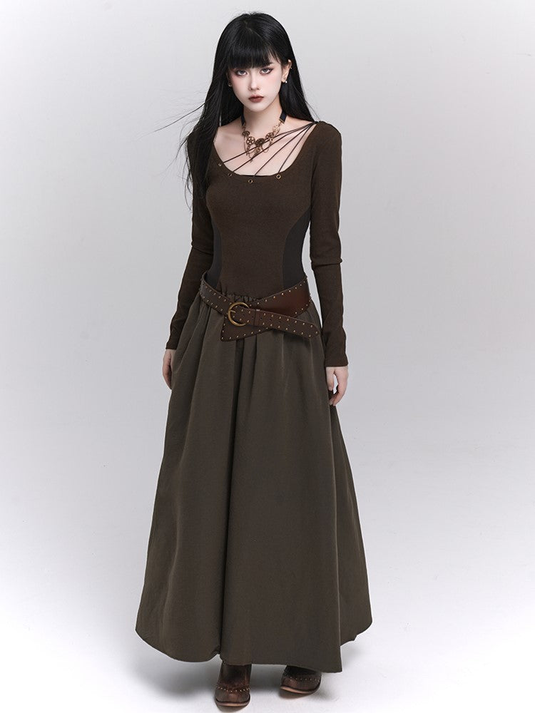 A-Line Maxi Eyelets Pockets with Coffee Dress Metallic Side Vintage