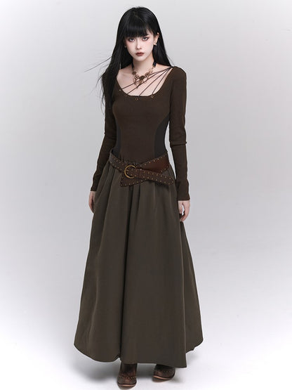 A-Line Maxi Eyelets Pockets with Coffee Dress Metallic Side Vintage
