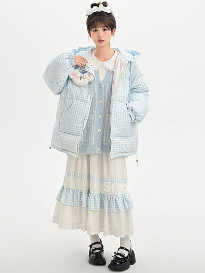 ホワイトハイウエストレーストリムスウィートスカートチェック柄パッチワーク