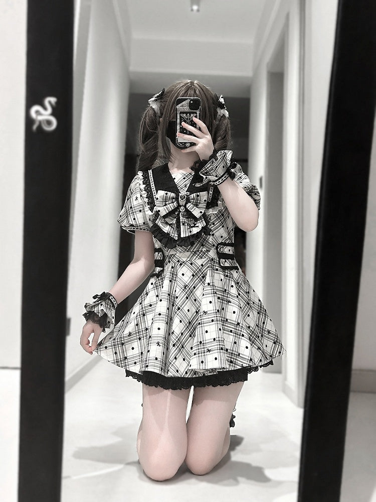 Jirai Kei Sailor Collar Black Polka Dot Bow Dress - Ekomi