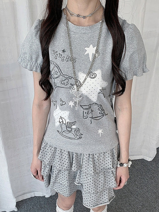 Gray Puff Sleeve Short Sleeve Top with Star and Carousel Horse Print - Solkatt