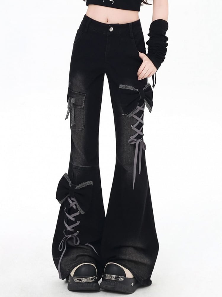 Flare Lace-Up ow Accents Detail Jeans Y2K Silhouette Black with Design