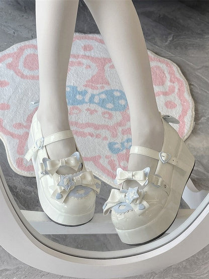 Platform Sweet Heart Blue Decor with Bow Jane Round-Toe Details Shoes White Mary Lolita