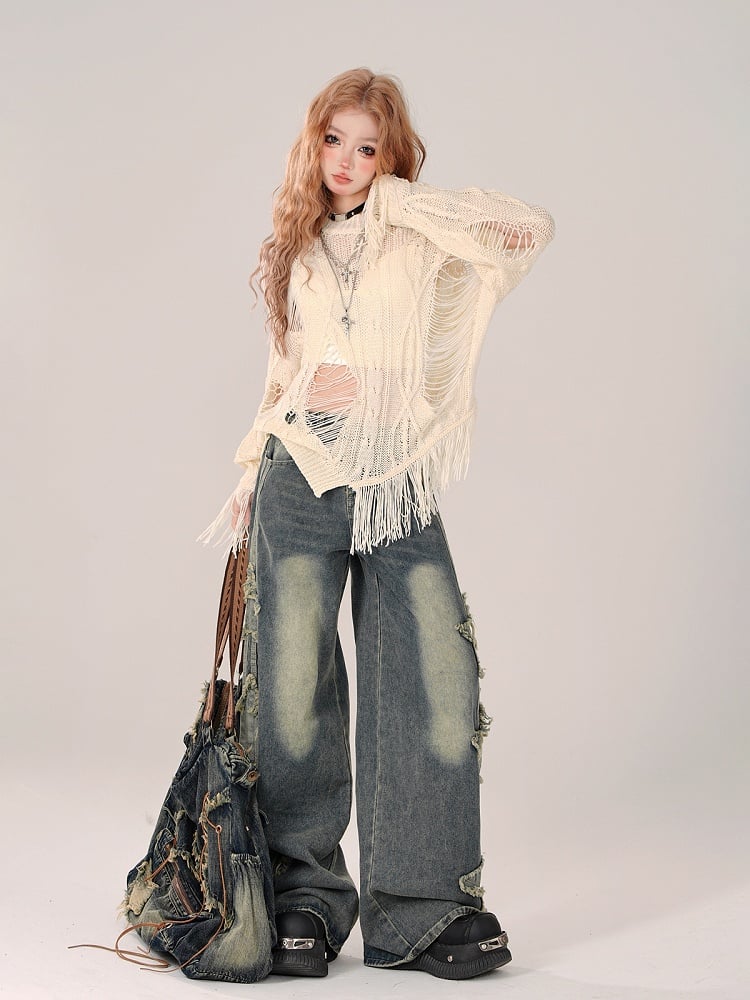 Asymmetrical Distressed Beige Knit Top with Hollow-Out Detail
