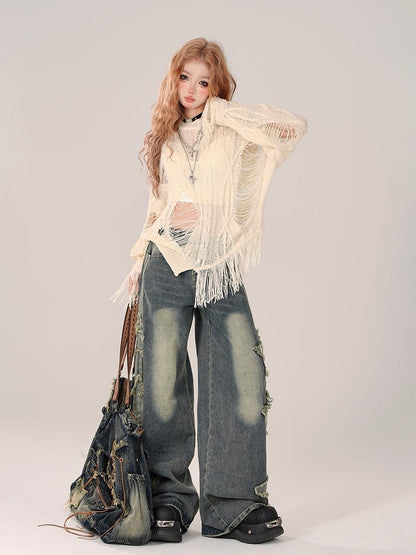 Asymmetrical Distressed Beige Knit Top with Hollow-Out Detail