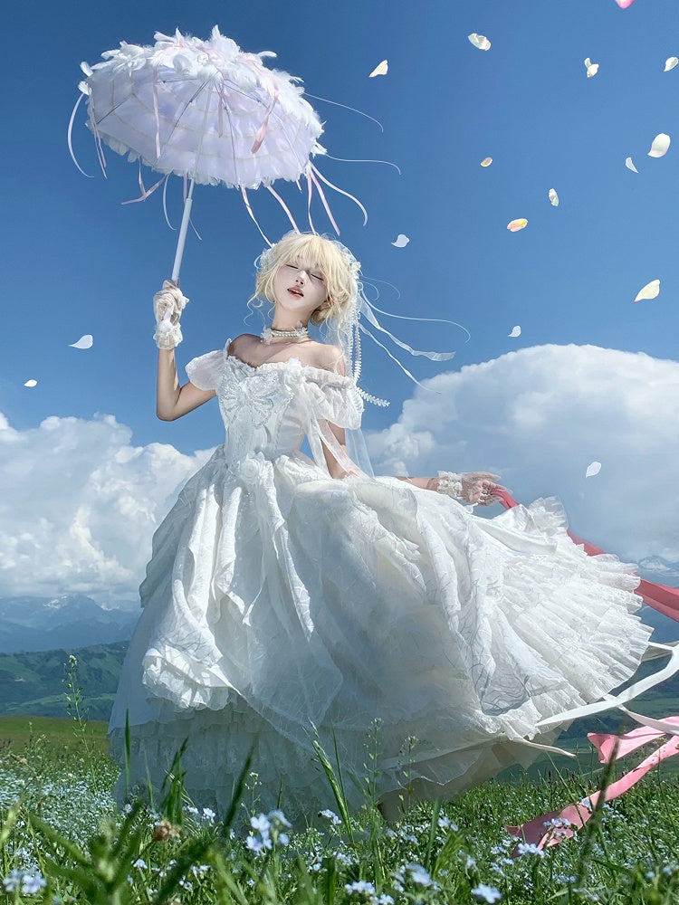 White Butterfly Motif Puff Sleeve Lolita Top and Asymmetrical Hem Skirt Set - Sweet Wood Lolita