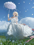 White Butterfly Motif Puff Sleeve Lolita Top and Asymmetrical Hem Skirt Set - Sweet Wood Lolita