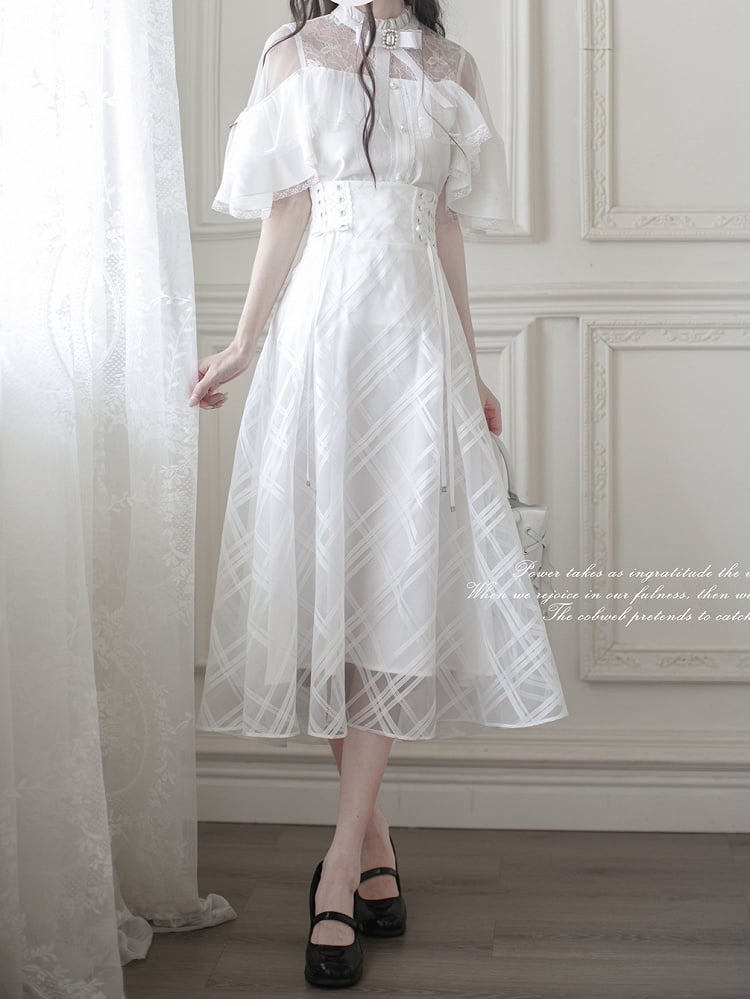 Lace-up High Waist Skirt with Plaid Clean Overlay Aesthetic White Innocent
