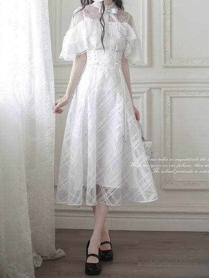 Innocent White Clean Cape Design Top Aesthetic Illusion Neckline and Trim Lace with