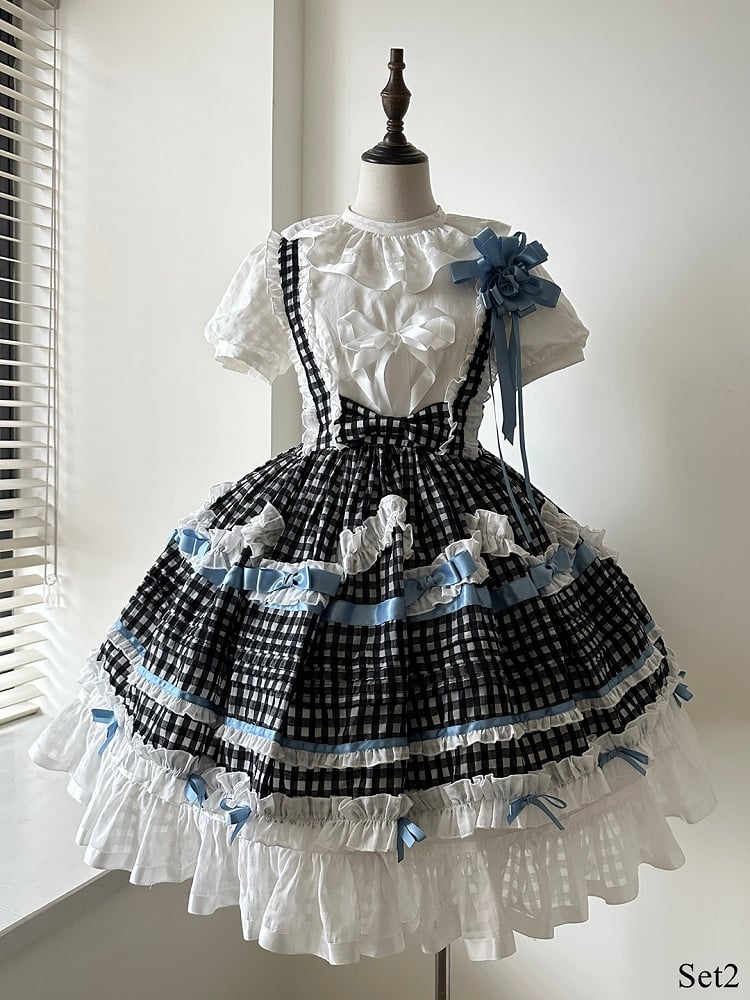 Monochrome Checkered Frilly Bow Lolita Jumperdress