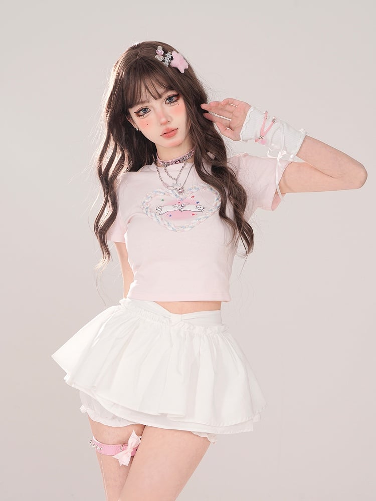 Built-in Tiered Skirt Bow White Bloomers with Waist