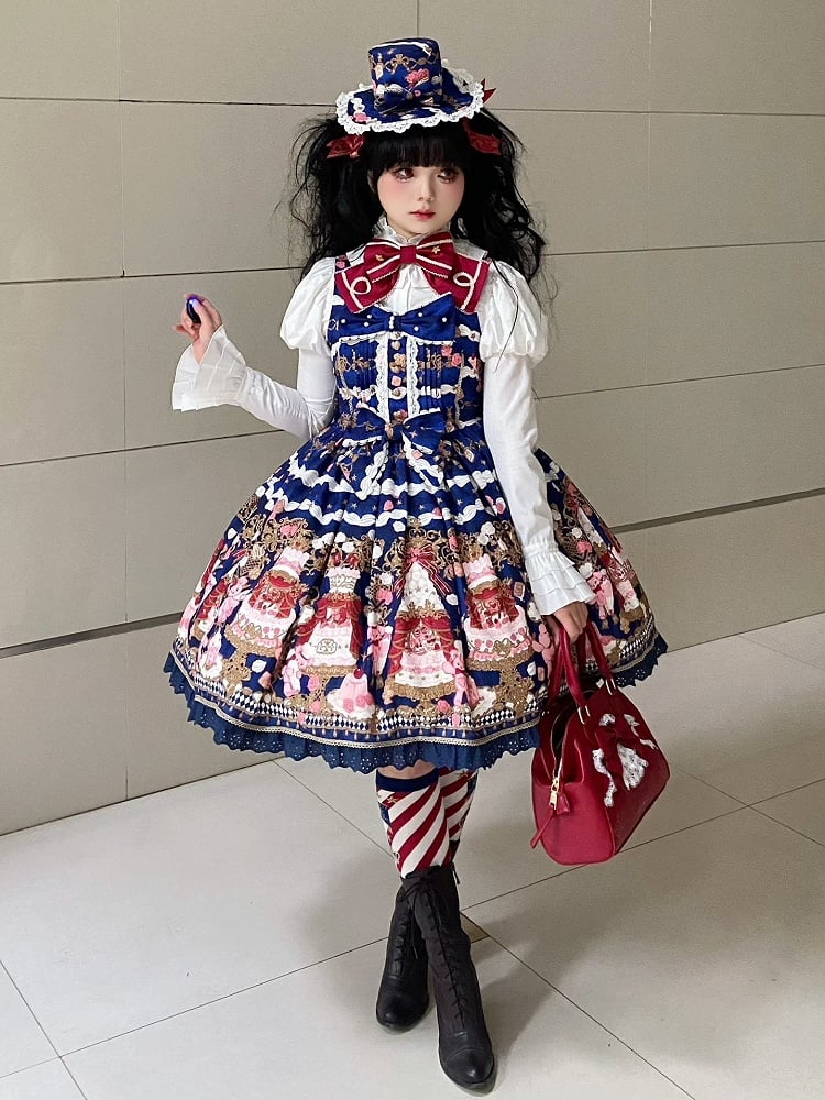 Lolita and Print Dress Details Sweet Bow Lace JSK Cake Blue Bear with Trim Dark