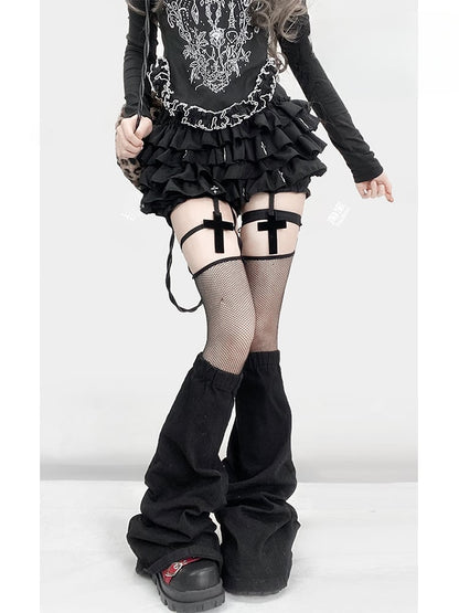 Taille Glamouröse Länge Gothic Tiered Cross Gefüttert Oberschenkel Skort High Black Y2K
