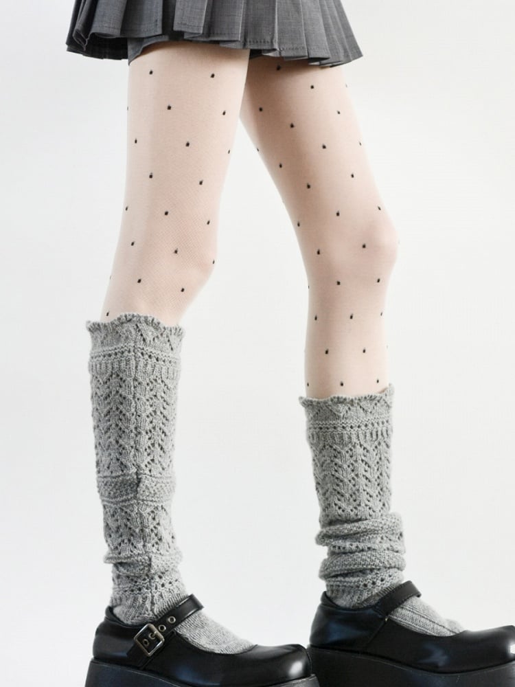 White Polka-dot Pattern Tights + Gray Calf Socks Set