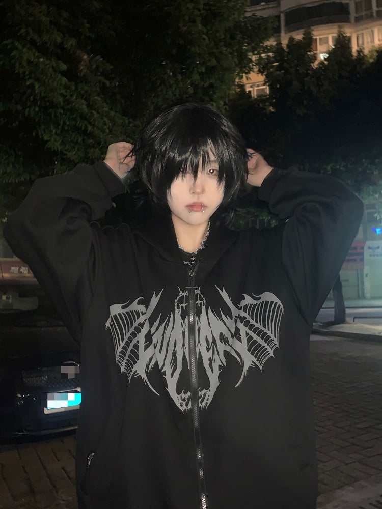 Regular/Thicken Print Hoodie Gothic Black Wing with Zip-Up Skeletal