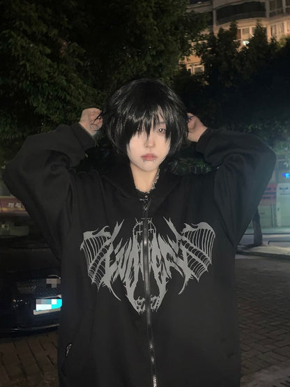 Regular/Thicken Print Hoodie Gothic Black Wing with Zip-Up Skeletal