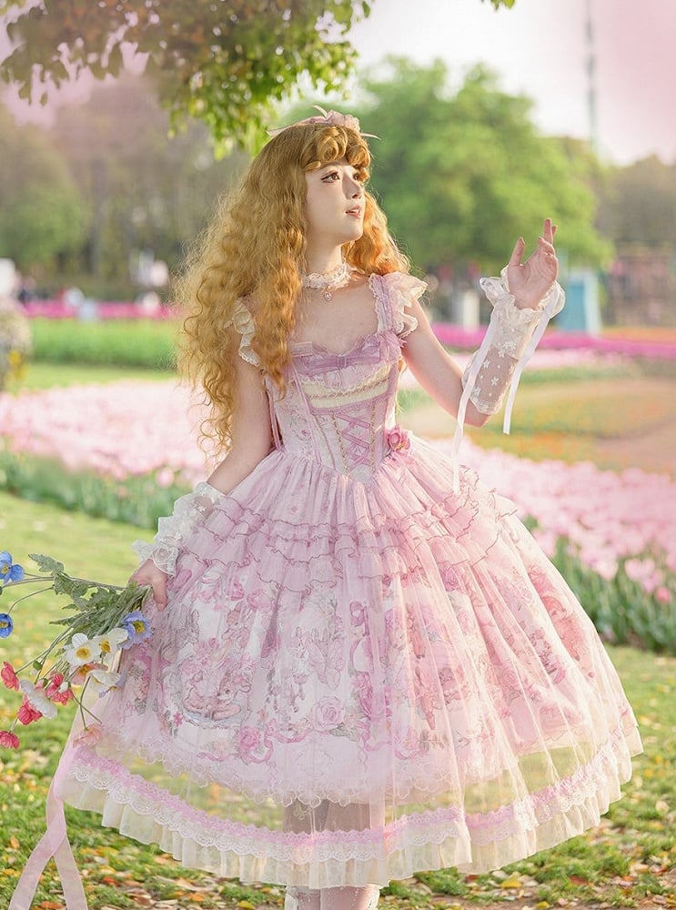 Pink Deer & Floral Print Flutter Sleeves Sweet Lolita JSK Dress with Overlay - Honey Machine