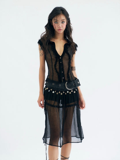 Leather Mesh Detachable PU Sheer Panel Black Punk Denim Shorts Style