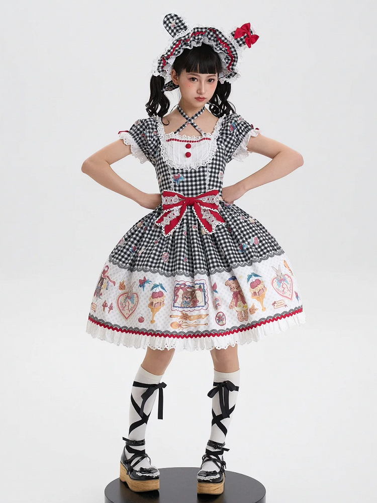 柄 ボンネット ギンガム ブラック グリーン ピンク 赤 耳 / うさぎ