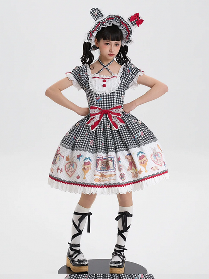 Black Print Kitty Teddy Gingham Sweet Lolita Dress and Short Sleeves
