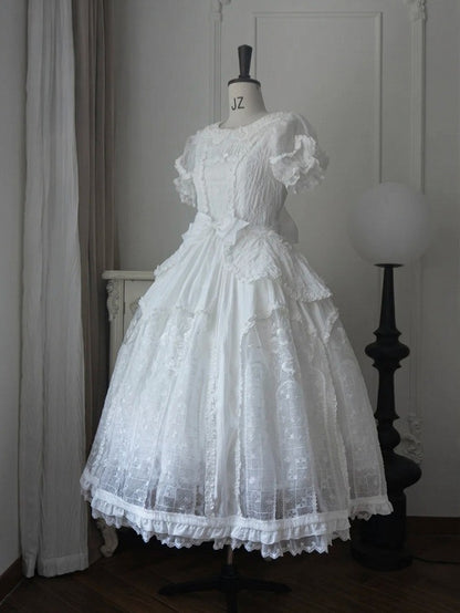 Classic Ivory Puff-Sleeve OP Gown with Sash & Lace Accents - Sleepless Unanswered