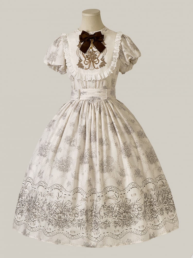 Lolita Bowknot White Floral Version One and Long Piece Embroidery Bodice Classic