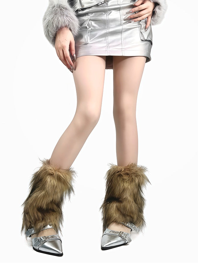 White/Brown Y2K Shaggy Leg Warmers