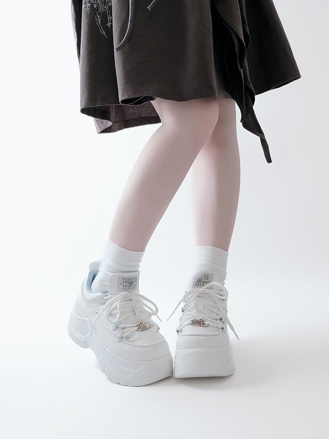 Leather Kei Sneakers in Classic Matte White Platform Lacing with PU System Jirai