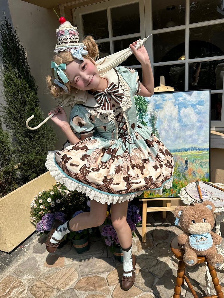 Green Sweet Print Desserts Teddy Mint Dress Lolita Chocolate and