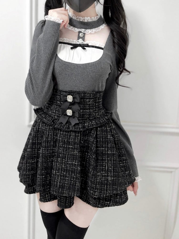 High-Waist Bows Tweed Match Kei Skirt: Black Detachable Jirai Mix with