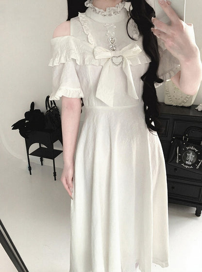 Extended Cutout Shoulder Jacquard Dress, Ruffle & Bow Trim, 4 Colors - Kitty Bxllet