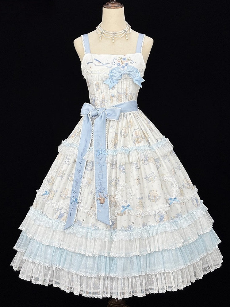 Blue Flower & Lamb Print Embroidered Neckline Lolita JSK Dress - Miss Point