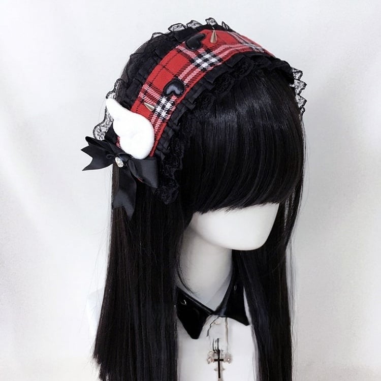 Trim Plaid Hairband Details Studs Black/Red Lace with