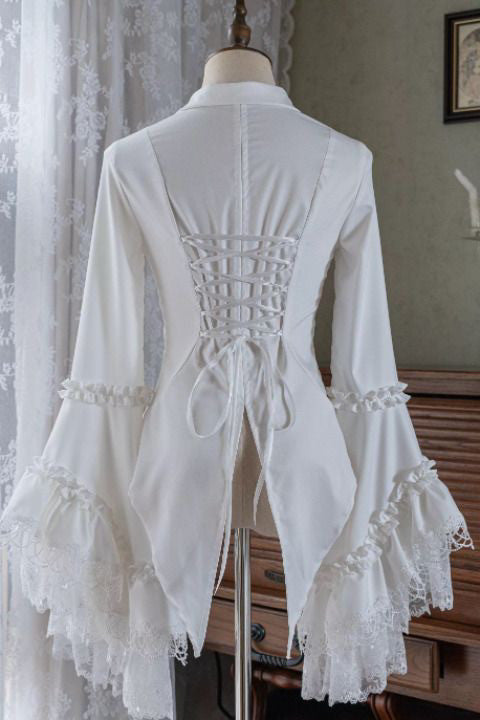 White Ruffle Neckline Long Bell Sleeves Blouse