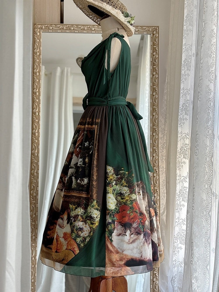 Dark Green Cat Oil Painting Print Elegant Lolita Maxi Dress with Cowl Neckline and Tie Straps