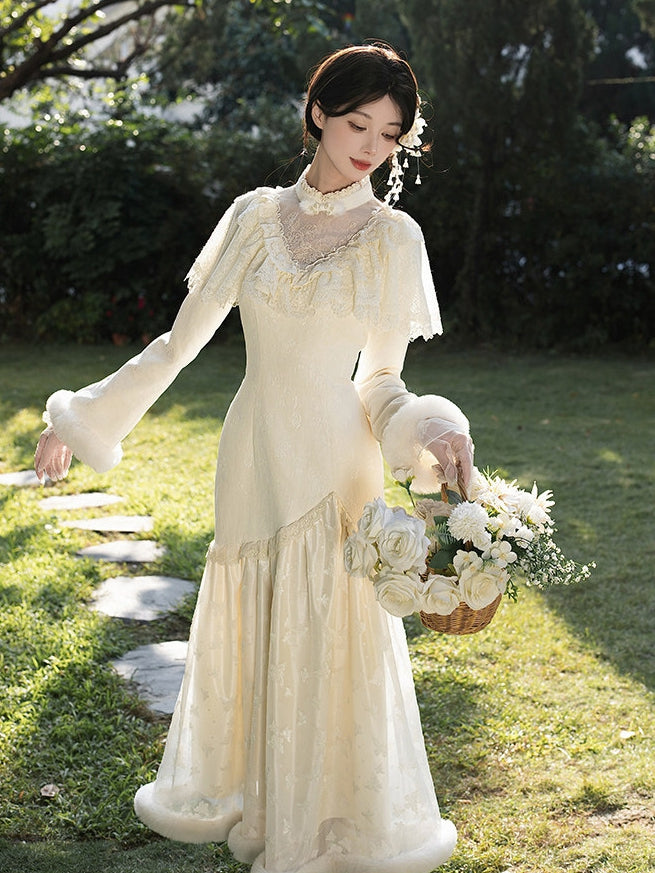 Cheongsam Embroidery Edward Camellia and Creamy Neck Dress Style Plush with Cuffs Mermaid Hem