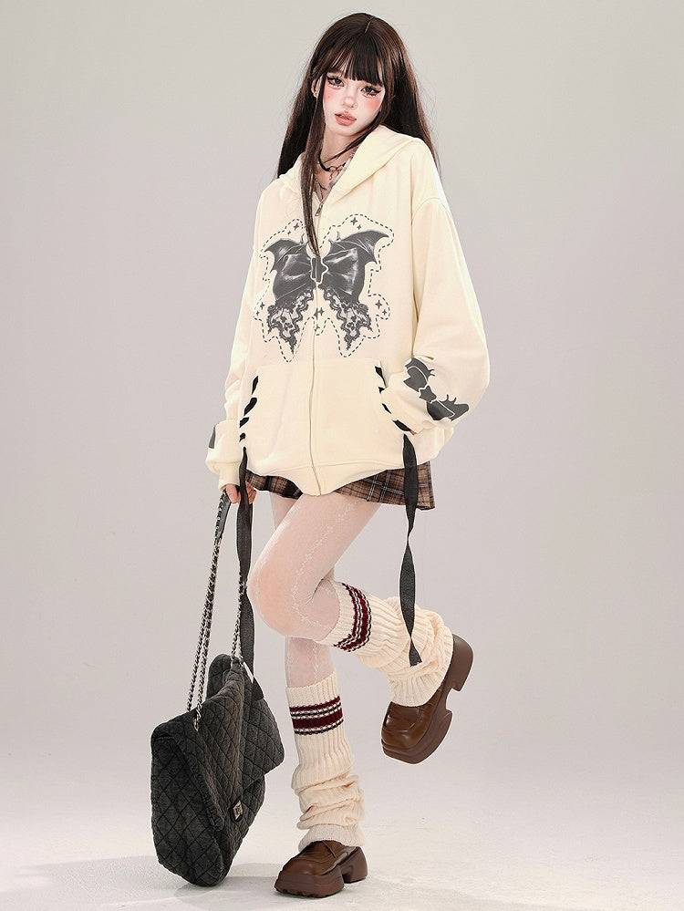 Apricot/Pink Bat Wings Bow Print Zip Hoodie