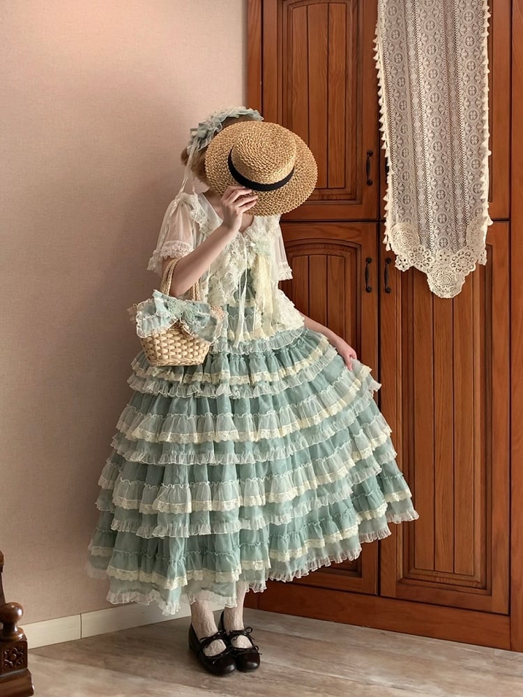 and Goldfish Adjustable Straps Dress with Lolita Ruffle Green Multi-Layered Sweet Embroidery