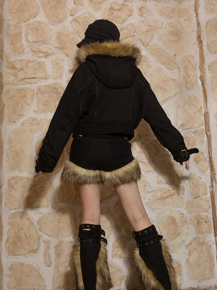 Slant Shorts Fur Punk Studded Black Y2K Faux with Pockets Button-Accented Trim